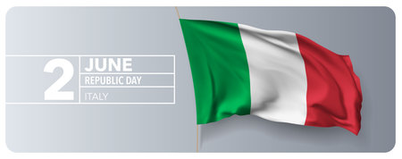Italy happy republic day greeting card, banner vector illustration. Italian national holiday 2nd of June design element with 3D waving flag on flagpoleのイラスト素材