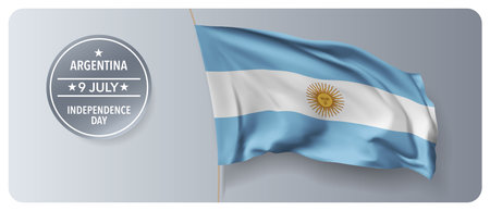 Argentina independence day vector banner, greeting card. Argentinian wavy flag in 9th of July national patriotic holiday horizontal designのイラスト素材