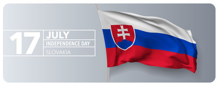 Slovakia happy independence day greeting card, banner vector illustration. Slovak national holiday 17th of July design element with 3D waving flag on flagpoleのイラスト素材