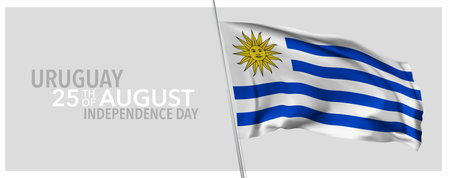 Uruguay happy independence day greeting card, banner with template text vector illustration. Uruguayan memorial holiday 25th of August design element with 3D flag with stripesのイラスト素材