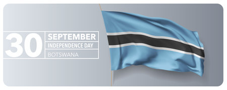Botswana happy independence day greeting card, banner vector illustration. Botswanian national holiday 30th of September design element with 3D waving flag on flagpoleのイラスト素材