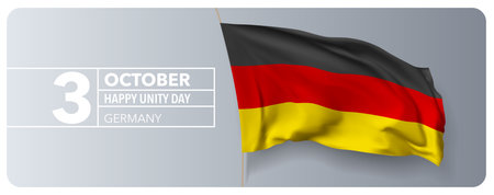 Germany happy victory day greeting card, banner vector illustration. German national holiday 3rd of October design element with 3D waving flag on flagpoleのイラスト素材