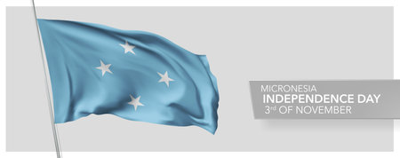 Micronesia happy independence day greeting card, banner vector illustration. Micronesian national holiday 3rd of November design element with 3D flagのイラスト素材