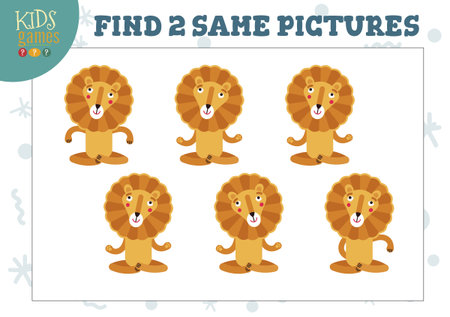 Find two same pictures kids puzzle vector illustration. Activity for preschool children with matching objects and finding 2 identical. Cartoon funny lion gameのイラスト素材