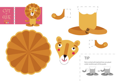 Cut and glue paper toy vector illustration. Lion character scissors cutting model for preschool kids. Simple educational activityのイラスト素材