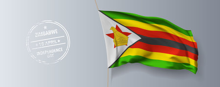 Zimbabwe happy independence day greeting card, banner with template text vector illustration. Zimbabwian memorial holiday 4th of April design element with 3D flag with birdのイラスト素材
