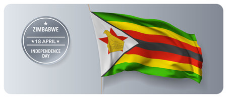 Zimbabwe independence day vector banner, greeting card. Zimbabwian wavy flag in 4th of April national patriotic holiday horizontal designのイラスト素材