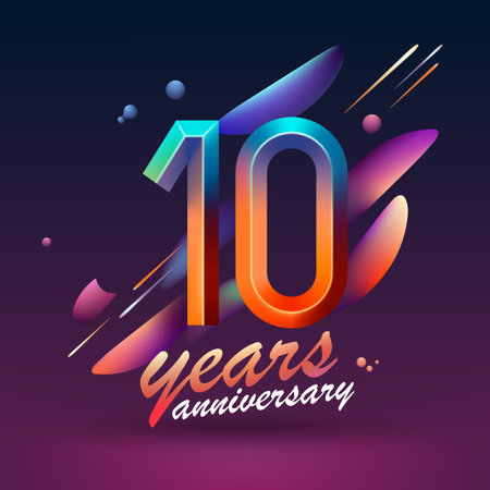 10 years anniversary vector icon, symbol. Graphic background in modern style or card with neon number for 10th anniversary birthday celebrationのイラスト素材