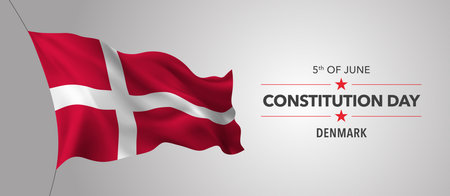 Denmark constitution day greeting card, banner with template text vector illustration. Danish memorial holiday 5th of June design element with 3D flag with crossのイラスト素材