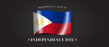 Philippines happy independence day greeting card, banner with template text vector illustration. Philippino memorial holiday 12th of June design element with flag with stripesのイラスト素材