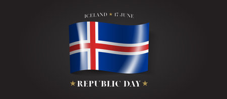 Iceland republic day greeting card, banner with template text vector illustration. Icelandic memorial holiday 17th of June design element with flag with crossのイラスト素材