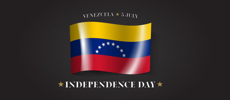 Venezuela happy independence day greeting card, banner with template text vector illustration. Venezuelan memorial holiday 5th of July design element with flag with stripesのイラスト素材