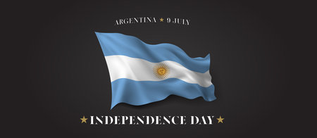 Argentina independence day vector banner, greeting card. Agrentinian wavy flag in 9th of July patriotic holiday horizontal design with realistic flagのイラスト素材