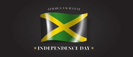 Jamaica happy independence day greeting card, banner with template text vector illustration. Jamaican memorial holiday 6th of August design element with flag with stripesのイラスト素材
