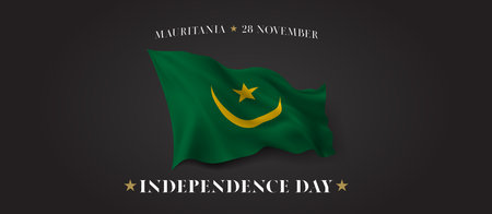 Mauritania independence day vector banner, greeting card. Mauritanian wavy flag in 28th of November patriotic holiday horizontal design with realistic flagのイラスト素材