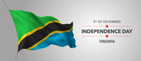 Tanzania happy independence day greeting card, banner with template text vector illustration. Tanzanian memorial holiday 9th of December design element with 3D flag with trianglesのイラスト素材