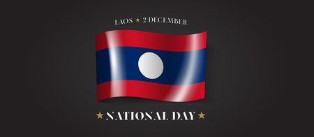 Laos happy national day greeting card, banner with template text vector illustration. Laotian memorial holiday 2nd of December design element with flag with stripesのイラスト素材
