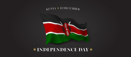 Kenya independence day vector banner, greeting card. Kenyan wavy flag in 12th of December patriotic holiday horizontal design with realistic flagのイラスト素材