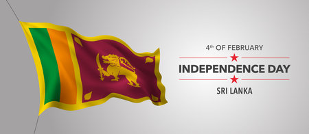 Sri Lanka happy independence day greeting card, banner with template text vector illustration. Sri Lankan memorial holiday 4th of February design element with 3D flag with lionのイラスト素材