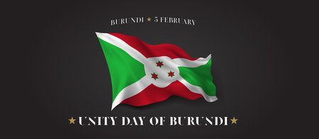 Burundi unity day vector banner, greeting card. Burundian wavy flag in 5th of February patriotic holiday horizontal design with realistic flagのイラスト素材