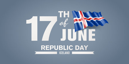Iceland happy republic day greeting card, banner with template text vector illustration. Icelandic memorial holiday 17th of June design element with 3D flag with crossのイラスト素材