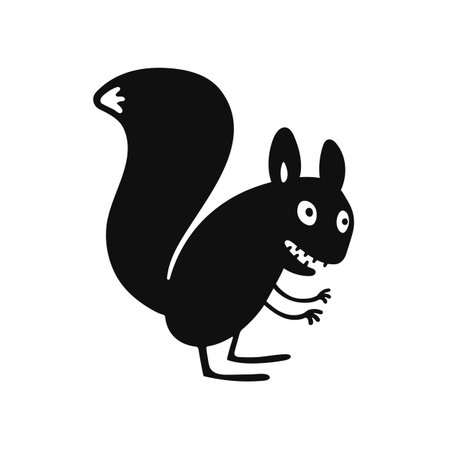 Vector funny cartoon squirrel in black and white silhouette. Minimalist animal illustration is ideal for playful, wild, or quirky projectsのイラスト素材