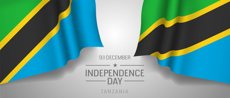 Tanzania happy independence day greeting card, banner with template text vector illustration. Tanzanian memorial holiday 9th of December design element with 3D flag with trianglesのイラスト素材