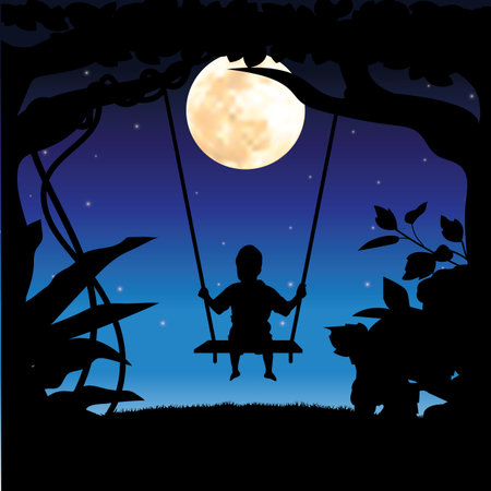 Vector illustrations, child playing the swingsのイラスト素材