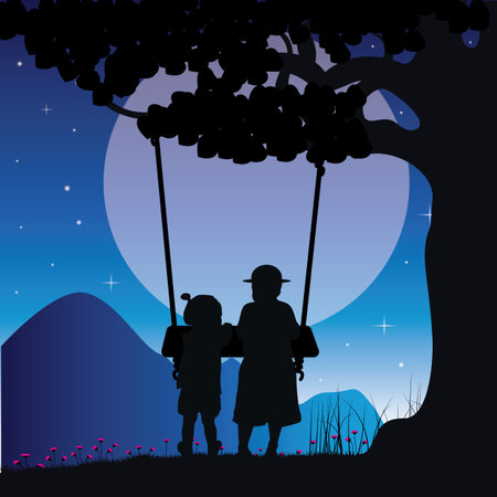 Vector illustration , girl and boy playing swings.のイラスト素材