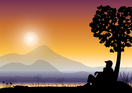 Couple watching sunrise, Vector illustrationsのイラスト素材