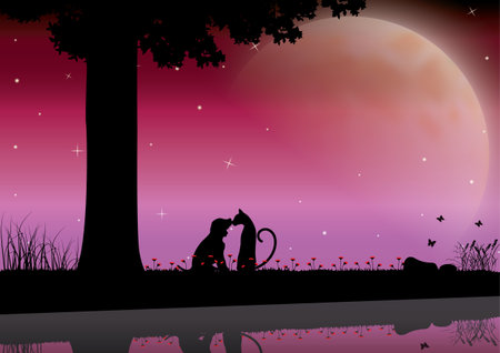Vector illustrations Silhouette the dog and cat Romanticのイラスト素材