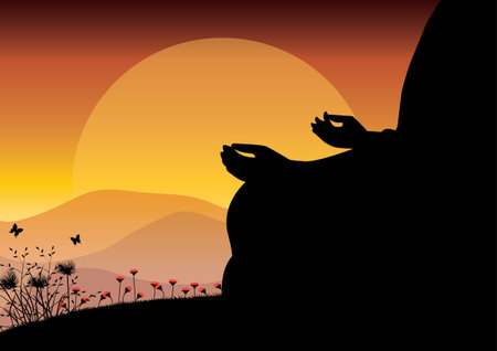 Man meditating in sitting yoga position on the top of a mountains above clouds at sunset. Zen, meditation, peace, Vector illustrationsのイラスト素材