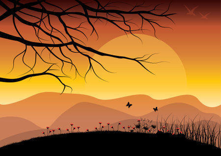 Beautiful nature at sunset, Vector illustrationsのイラスト素材