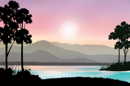 Beautiful nature at sunset, Vector illustrationsのイラスト素材