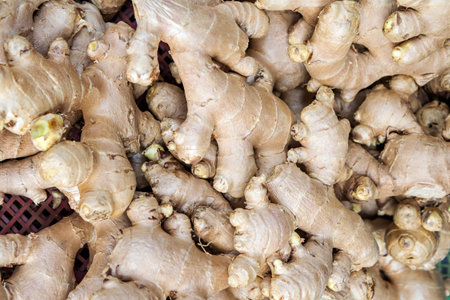 heap of ginger on marketの写真素材