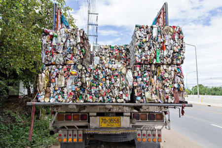 Chiang mai, Thailand - July 18, 2015 : Close up compressed aluminum cans for recycleのeditorial素材