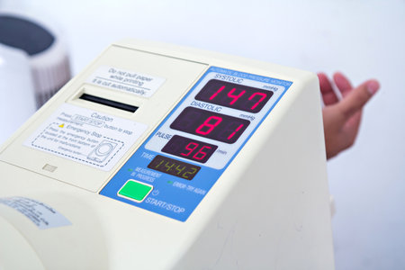 Automatic blood pressure monitor with hypertension isolated on whiteの写真素材