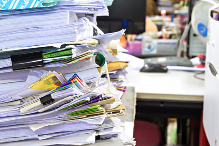 Close up of business documents stack on desk , report papers stackの写真素材