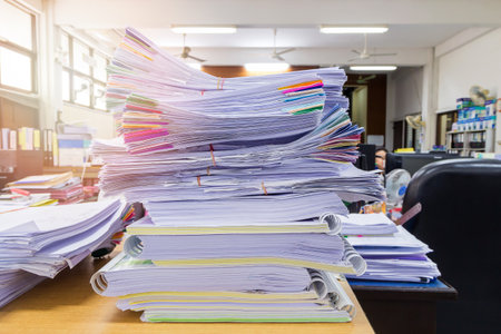 Close up of business documents stack on desk , report papers stack