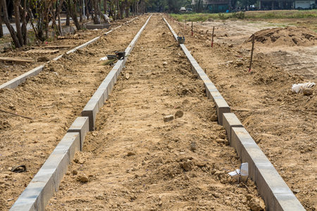 New land subdivision with work on roads and footpathsの写真素材