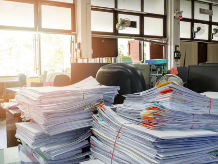 Close up of business documents stack on desk , report papers stack