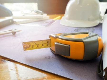 Tape measure on blueprints. Architectural conceptの写真素材
