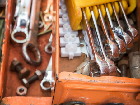 Old work tools in old tool boxの写真素材