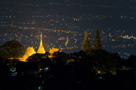 Night landscape of Wat Phra That Doi Suthep (Temple) is a major tourist destination of Chiang Mai, Thailandの写真素材