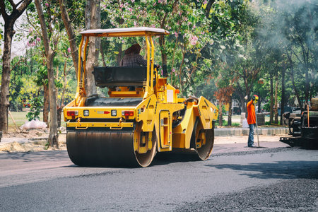 the road rollers working on the new road constructionの写真素材