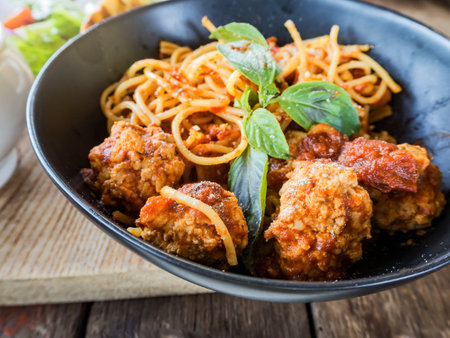 Spaghetti pasta with meatballs and tomato sauceの写真素材