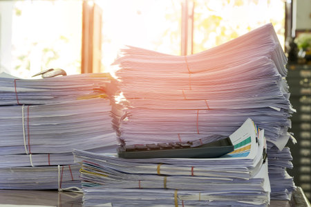 Close up of business documents stack on desk , report papers stackの写真素材