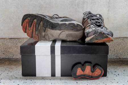 Old sport shoes on paper box and terrazzo floorの写真素材