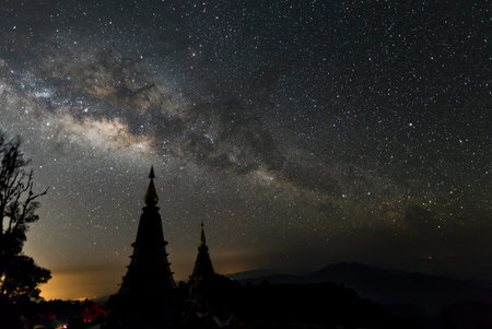 Milky way over two pagoda at Doi Inthanon mountain nation park - Chiang Mai,Thailandの写真素材