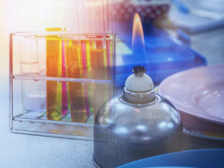 Alcohol burner and  test tube in rack,science laboratory research and development conceptの写真素材